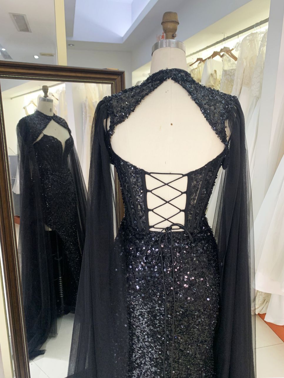 2025 New style luxury black deep V-neck sexy party dress cape beaded mermaid elegant party evening dress for women