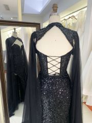 2025 New style luxury black deep V-neck sexy party dress cape beaded mermaid elegant party evening dress for women