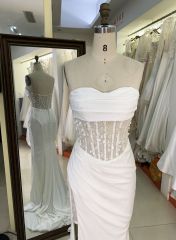 2025 Women's sexy tube top backless see-through high slit corset pleated white mermaid wedding dress