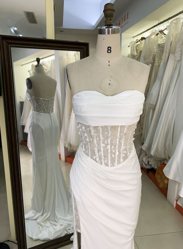 2025 Women's sexy tube top backless see-through high slit corset pleated white mermaid wedding dress