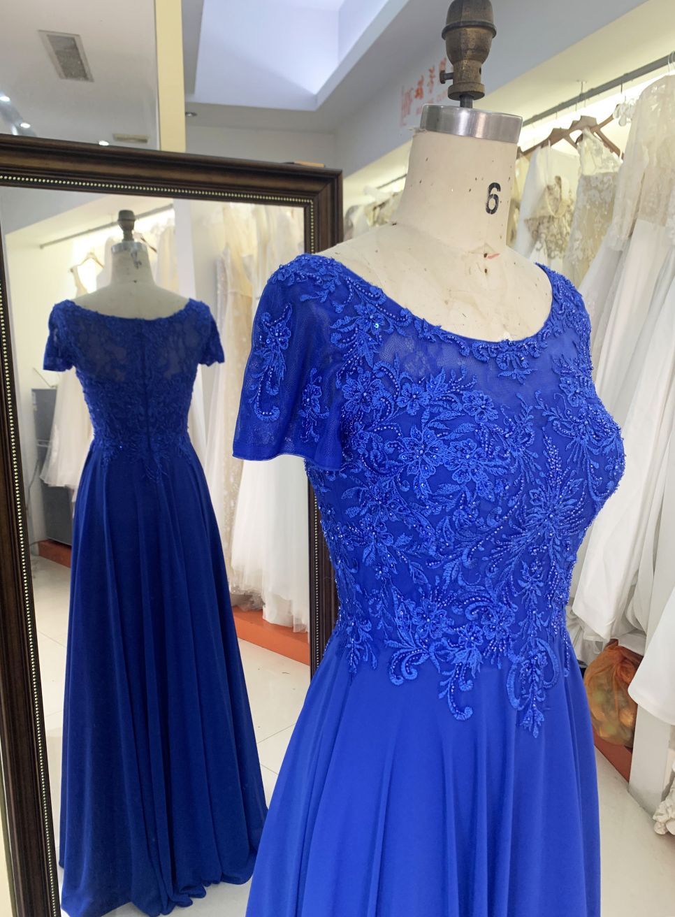 2025 New style short sleeve elegant blue lace embroidery chiffon mother of the bride dresses for wedding modern