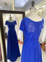 2025 New style short sleeve elegant blue lace embroidery chiffon mother of the bride dresses for wedding modern