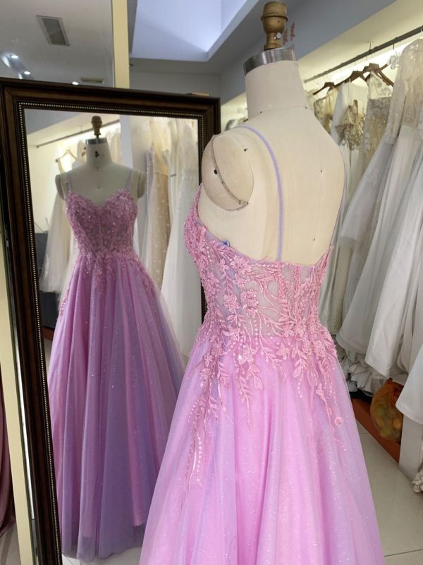 2025 New sweet style pink glitter lace mesh embroidery fishbone A-line skirt corset prom evening dress for girl