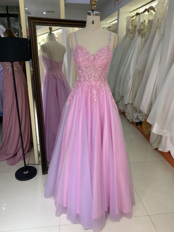 2025 New sweet style pink glitter lace mesh embroidery fishbone A-line skirt corset prom evening dress for girl