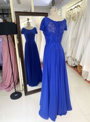 2025 New style short sleeve elegant blue lace embroidery chiffon mother of the bride dresses for wedding modern