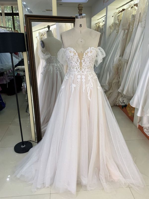 2025 Shiny bridal colorful lining deep V-neck off shoulder sleeveless Spaghetti Strap sexy lace embroidery wedding dress