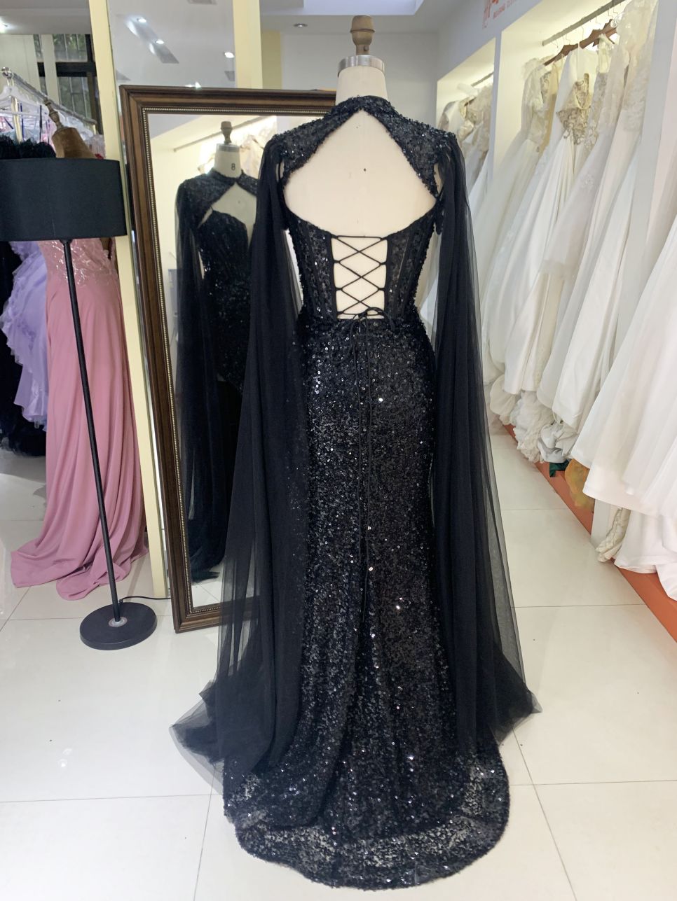 2025 New style luxury black deep V-neck sexy party dress cape beaded mermaid elegant party evening dress for women