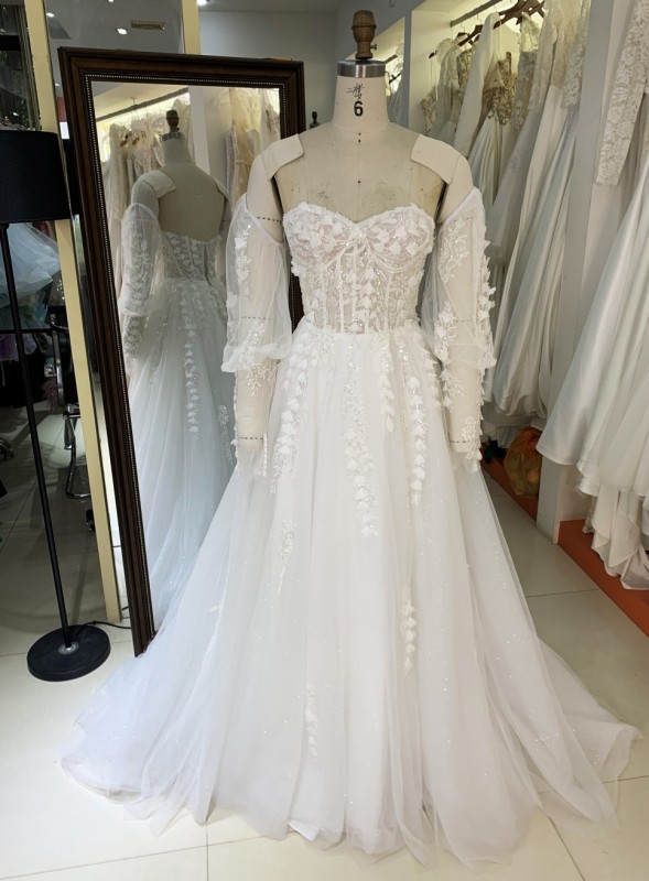 2025 New elegant wedding dresses A line long sleeve lace flowers bridal wedding dress tulle net formal guest ladies