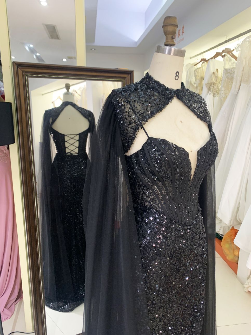 2025 New style luxury black deep V-neck sexy party dress cape beaded mermaid elegant party evening dress for women