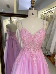 2025 New sweet style pink glitter lace mesh embroidery fishbone A-line skirt corset prom evening dress for girl