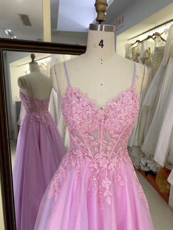 2025 New sweet style pink glitter lace mesh embroidery fishbone A-line skirt corset prom evening dress for girl