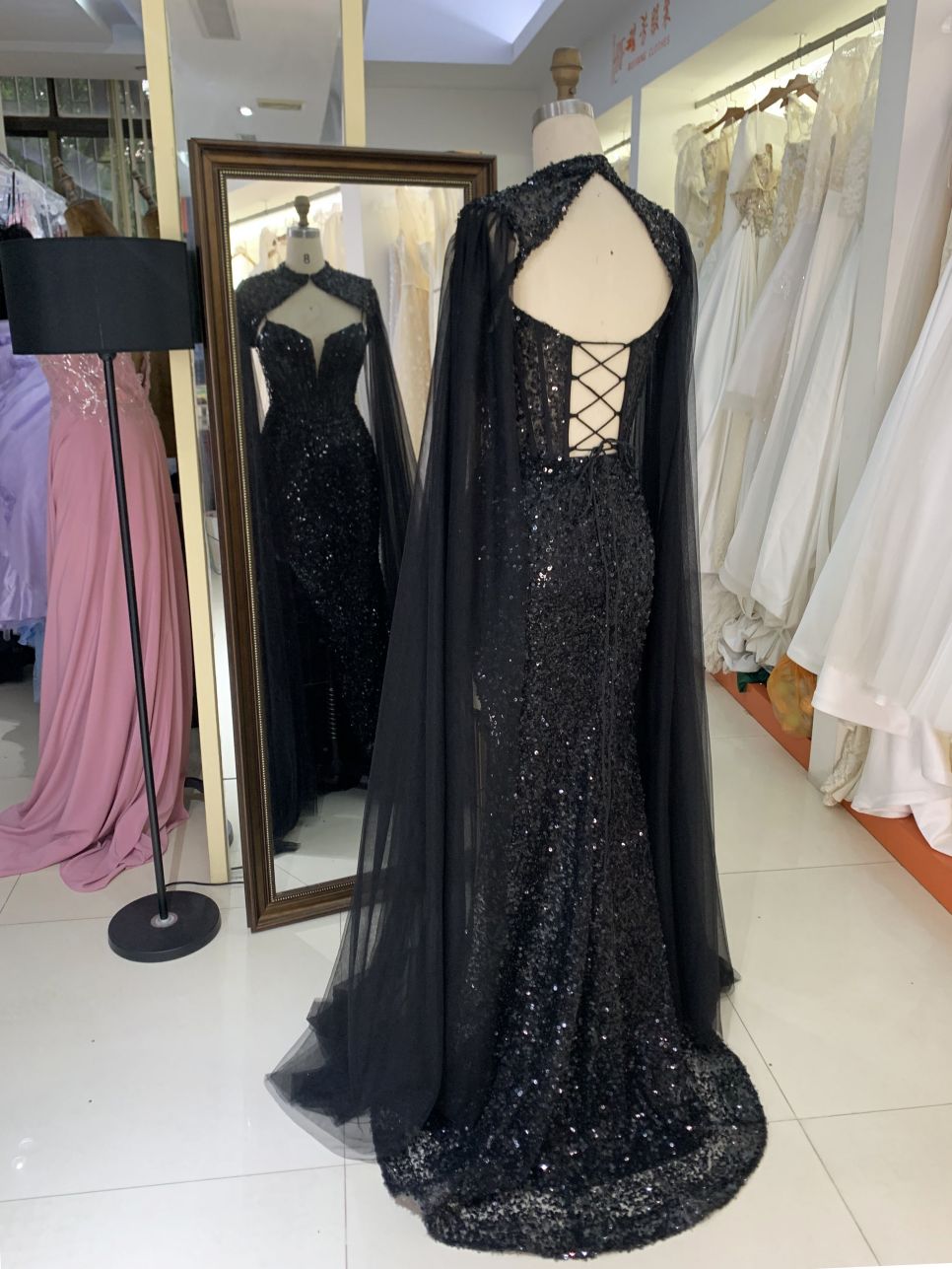 2025 New style luxury black deep V-neck sexy party dress cape beaded mermaid elegant party evening dress for women