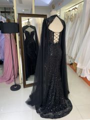 2025 New style luxury black deep V-neck sexy party dress cape beaded mermaid elegant party evening dress for women