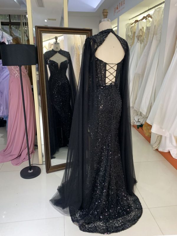 2025 New style luxury black deep V-neck sexy party dress cape beaded mermaid elegant party evening dress for women