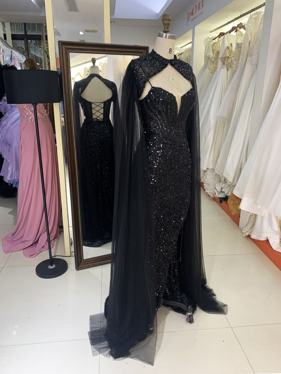 2025 New style luxury black deep V-neck sexy party dress cape beaded mermaid elegant party evening dress for women