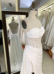 2025 Women's sexy tube top backless see-through high slit corset pleated white mermaid wedding dress