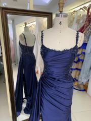 2025 Blue Mermaid Corse Side sash sleeveless embroidery sequin beading satin fitted gown with lace detail prom dress