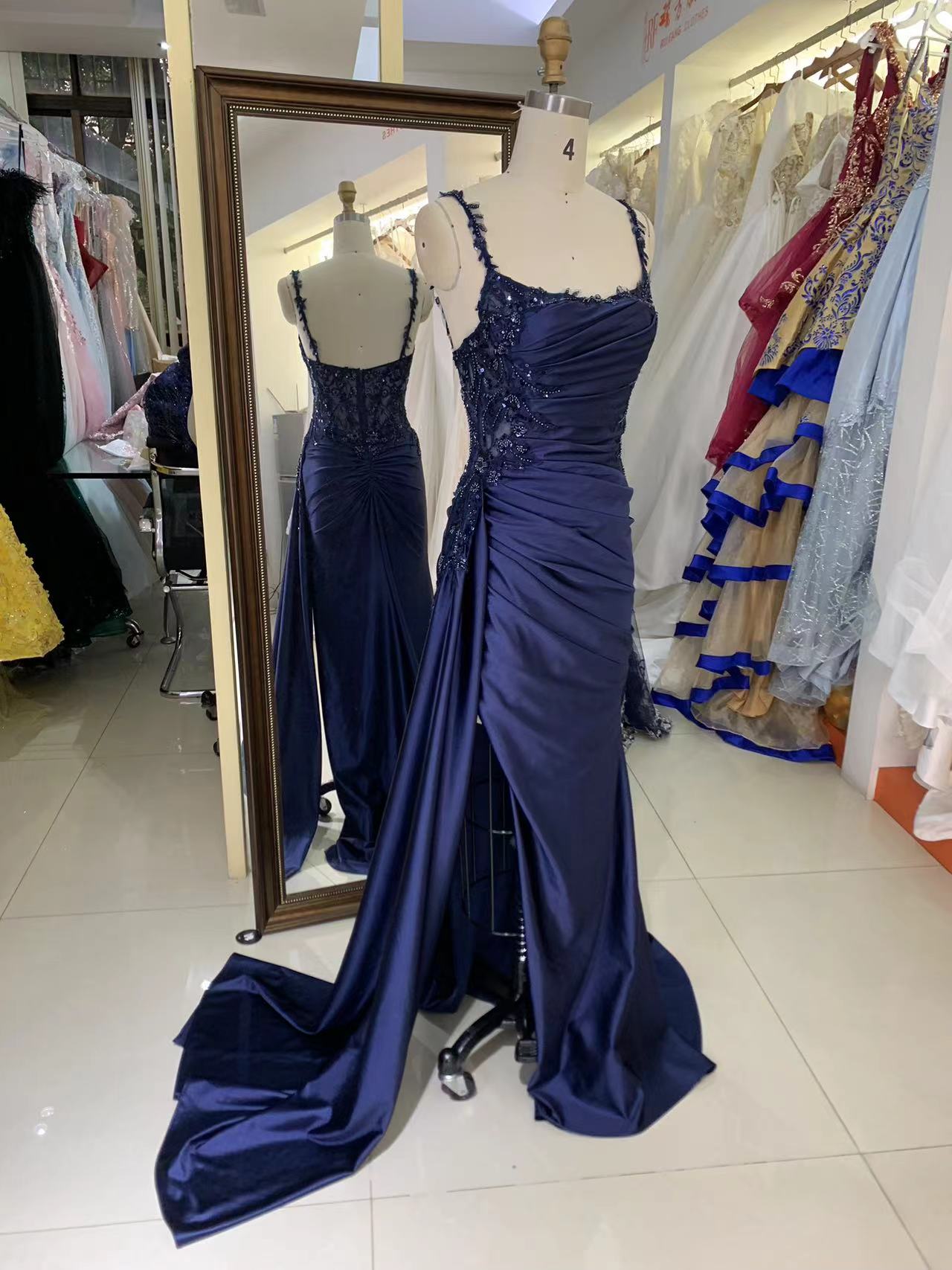 2025 Blue Mermaid Corse Side sash sleeveless embroidery sequin beading satin fitted gown with lace detail prom dress