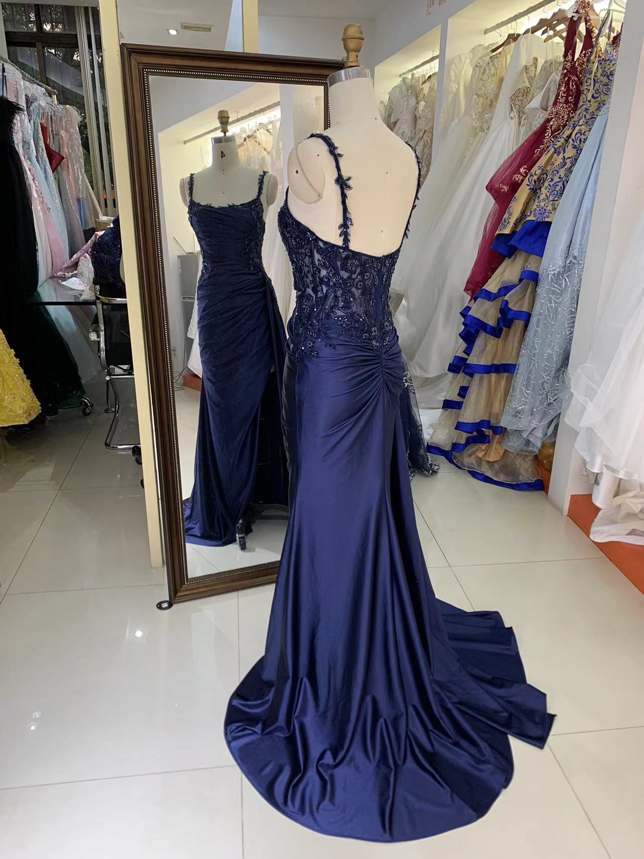 2025 Blue Mermaid Corse Side sash sleeveless embroidery sequin beading satin fitted gown with lace detail prom dress