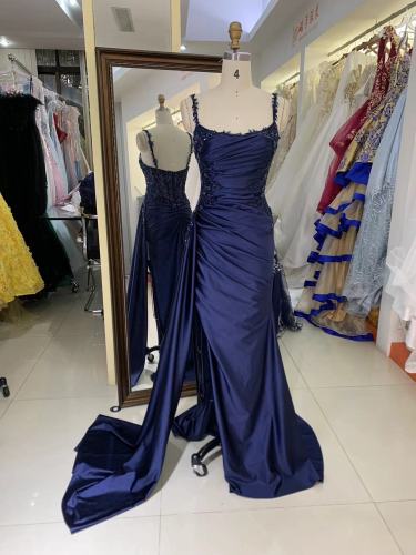 2025 Blue Mermaid Corse Side sash sleeveless embroidery sequin beading satin fitted gown with lace detail prom dress