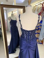 2025 Blue Mermaid Corse Side sash sleeveless embroidery sequin beading satin fitted gown with lace detail prom dress