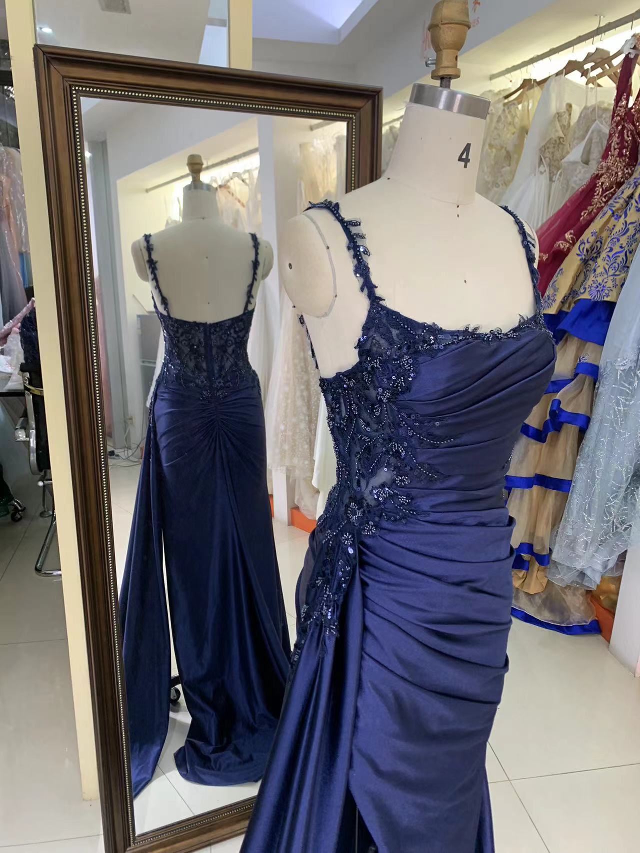 2025 Blue Mermaid Corse Side sash sleeveless embroidery sequin beading satin fitted gown with lace detail prom dress