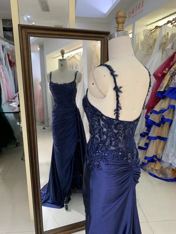2025 Blue Mermaid Corse Side sash sleeveless embroidery sequin beading satin fitted gown with lace detail prom dress