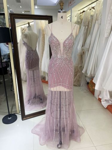 New America wholesale LA brand party breathable beading chain long evening dresses crystal embellished gown for prom dress 2025