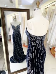 High Quality America wholesale Elegant Ladies Slim Embroidery velvet hot fixed stone evening dress elegant prom 2025