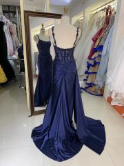 2025 Blue Mermaid Corse Side sash sleeveless embroidery sequin beading satin fitted gown with lace detail prom dress
