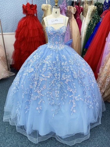 2025 Fashion custom baby blue embroidery adult ceremony princess sexy sleeveless carnival luxury ball gown quinceanera dress