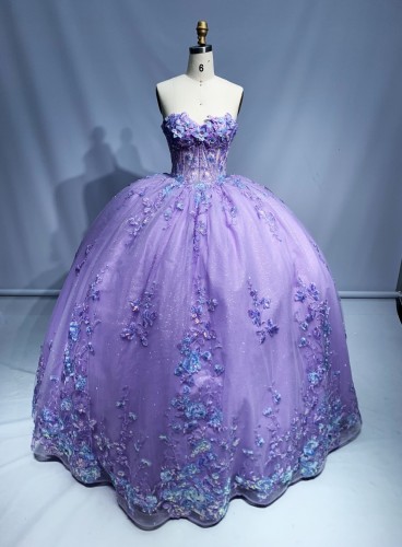 Hot-selling prom dresses Sequins Flower Long Evening Party Dresses with 3D Flower lace up back quinceanera dresses