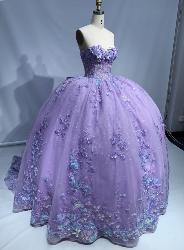 Hot-selling prom dresses Sequins Flower Long Evening Party Dresses with 3D Flower lace up back quinceanera dresses
