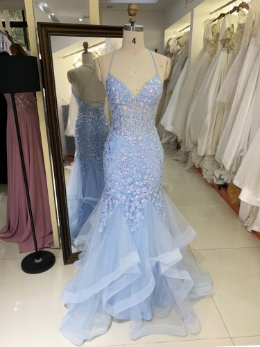 2025 Latest chic light blue sexy sleeveless ruffle mermaid evening dress embroidered lace up back new design prom dress