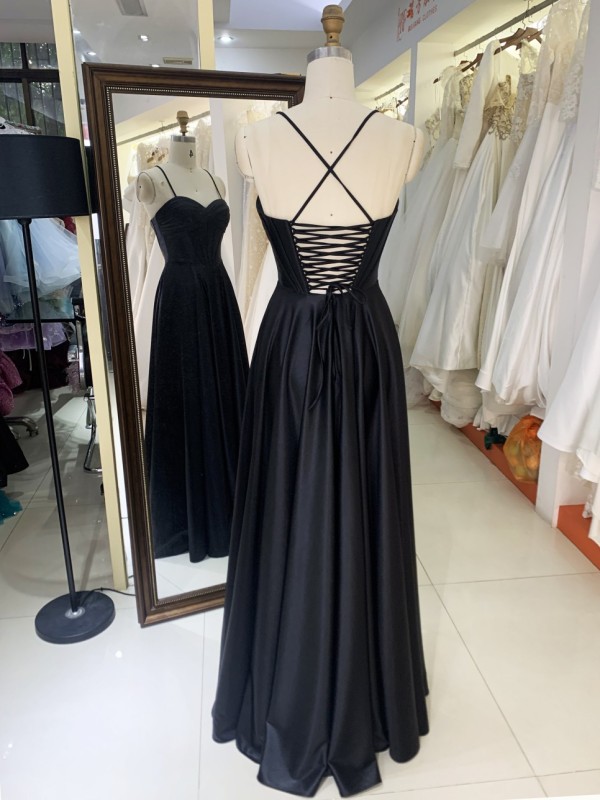 2025 Latest custom black prom dress sexy sleeveless slim pleated A-Line skirt lace up back boning design prom dress