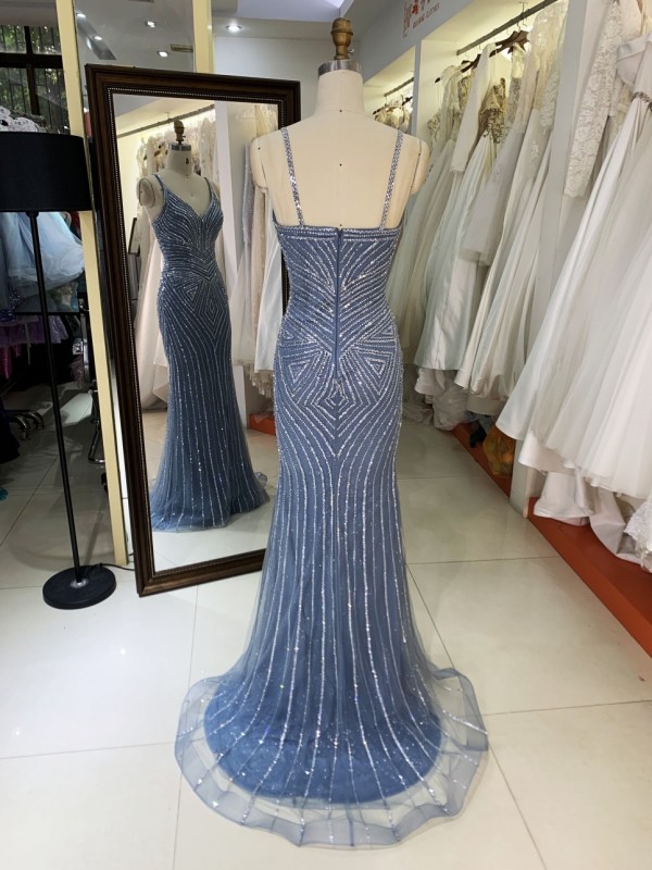 2025 New fashion design luxury smoky blue crystal embellished gown female shoulder straps corset mermaid prom dress