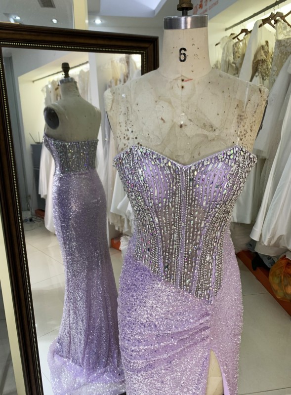 2025 Wholesale lilac emerald champagne fuchsia heavy Beading sweetheart corset Women prom Evening Dresses With High Slit