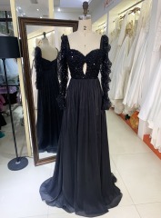 2025 evening dresses Black Long Sleeve Prom Dresses Satin A line Elegant Formal Long Dresses For Women