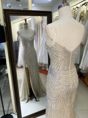 2025 New fashion chic design champagne crystal embellished gown corset strapless high slit evening dress prom mermaid dress