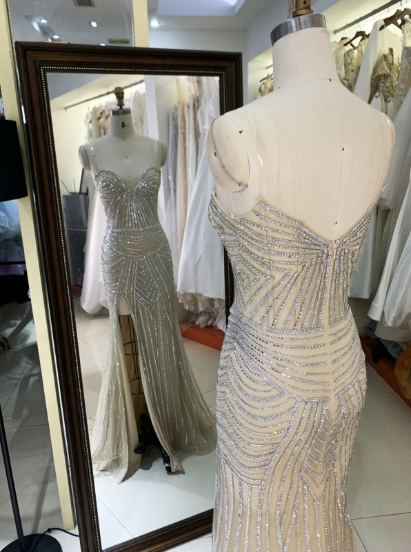 2025 New fashion chic design champagne crystal embellished gown corset strapless high slit evening dress prom mermaid dress