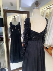 2025 evening dresses Black Long Sleeve Prom Dresses Satin A line Elegant Formal Long Dresses For Women