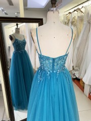 2025 Latest custom luxury teal blue three-dimensional embroidered flower lace A-Line skirt glitter fabric evening prom dress