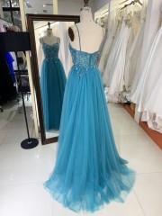 2025 Latest custom luxury teal blue three-dimensional embroidered flower lace A-Line skirt glitter fabric evening prom dress
