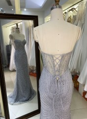 2025 New fashion design luxury silver crystal embellished rhinestones gown female corset lace up back mermaid prom dress
