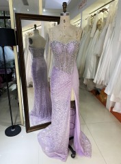 2025 Wholesale lilac emerald champagne fuchsia heavy Beading sweetheart corset Women prom Evening Dresses With High Slit