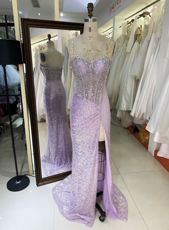 2025 Wholesale lilac emerald champagne fuchsia heavy Beading sweetheart corset Women prom Evening Dresses With High Slit
