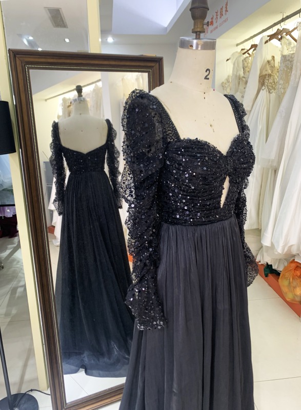 2025 evening dresses Black Long Sleeve Prom Dresses Satin A line Elegant Formal Long Dresses For Women