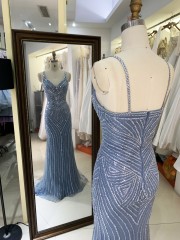 2025 New fashion design luxury smoky blue crystal embellished gown female shoulder straps corset mermaid prom dress