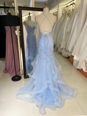 2025 Latest chic light blue sexy sleeveless ruffle mermaid evening dress embroidered lace up back new design prom dress