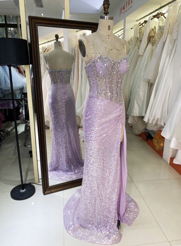 2025 Wholesale lilac emerald champagne fuchsia heavy Beading sweetheart corset Women prom Evening Dresses With High Slit